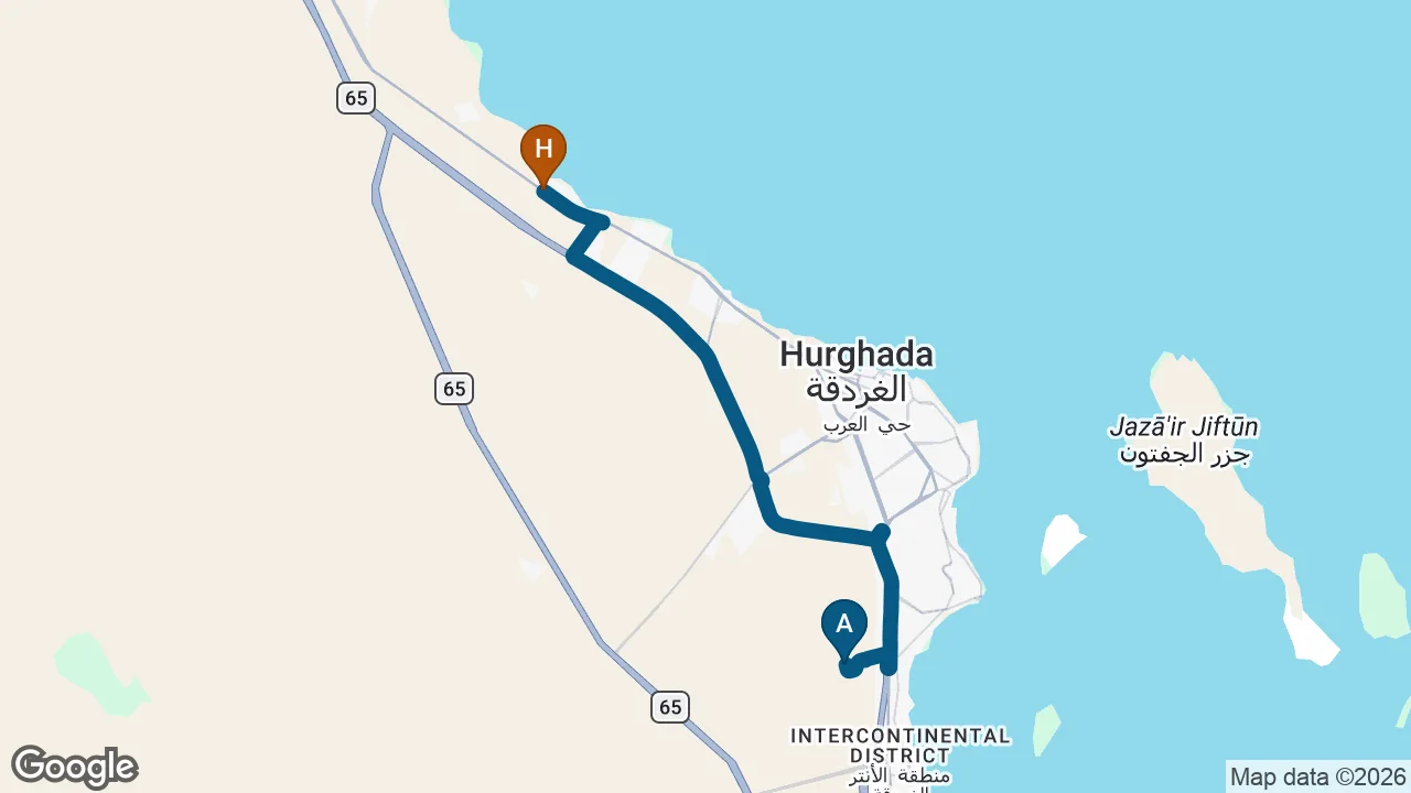 Driving route from Hurghada Airport to Rewaya Majestic Resort